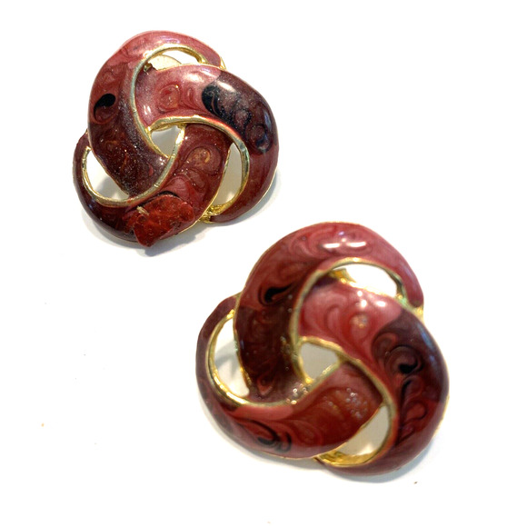Vintage 1980’s Pierced Earrings Chunky Boss Lady Swirl Enamel Goldtone Pink Rose - Picture 3 of 6